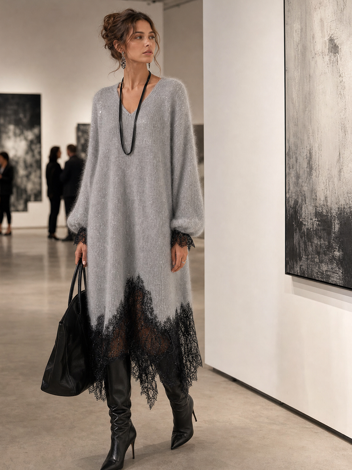 Robe midi grise en maille avec ourlet en dentelle