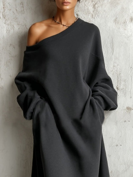 Robe Maxi Noire en Molleton à Épaules Dénudées