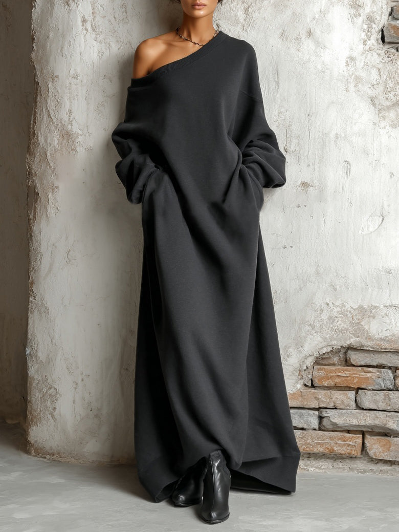 Robe Maxi Noire en Molleton à Épaules Dénudées