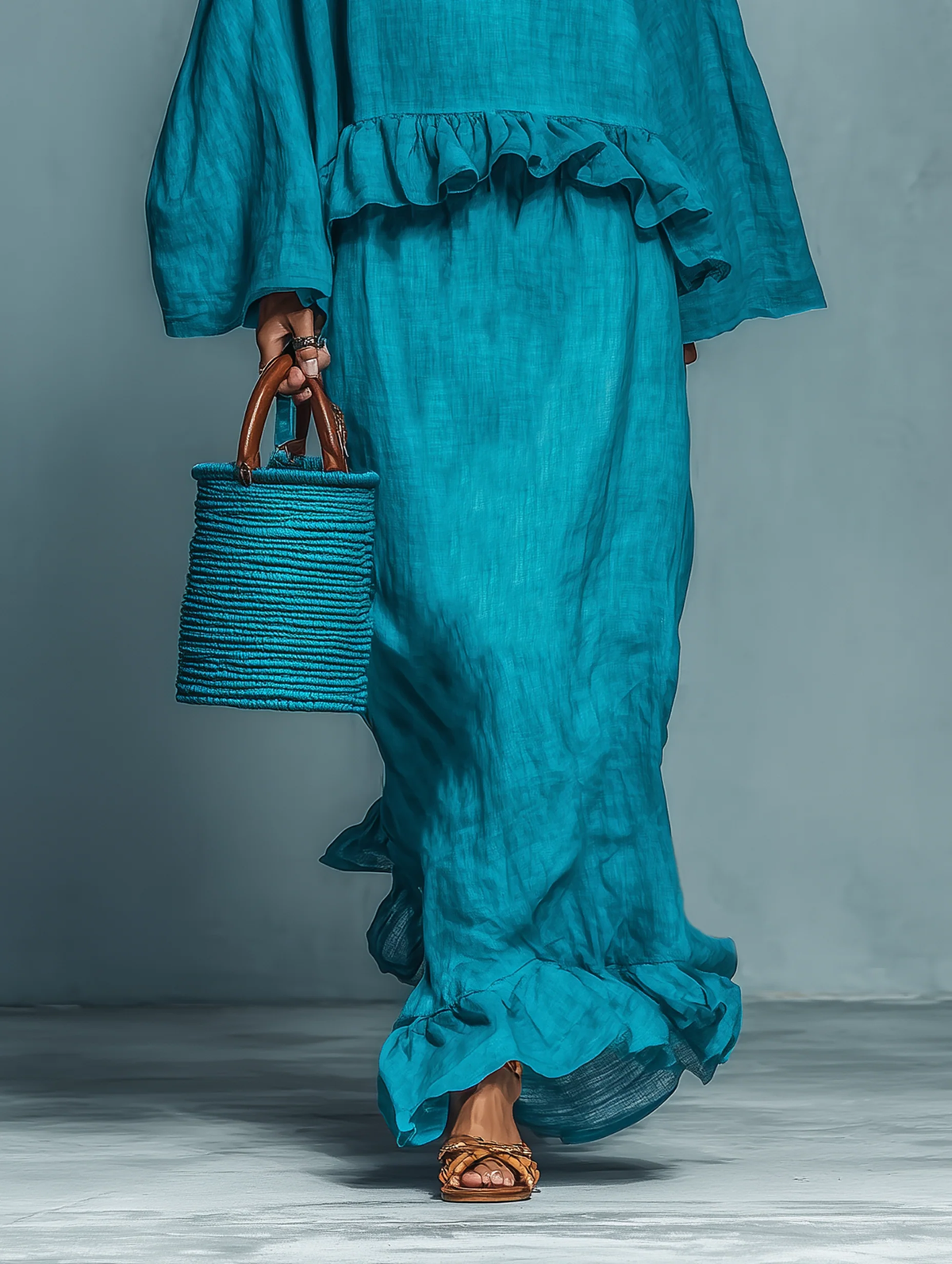 Ensemble Bleu Blouse à Volants et Jupe Droite