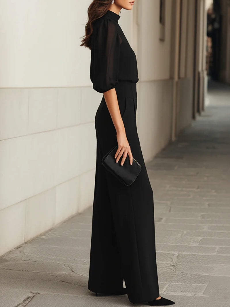 Valentina • Ensemble trois pièces noir : caraco transparent et pantalon large