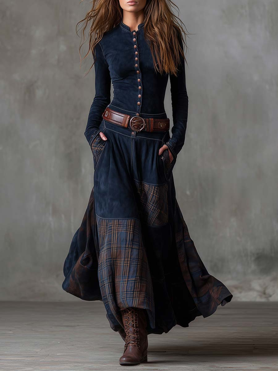 Élise | Robe longue effet daim avec ceinture