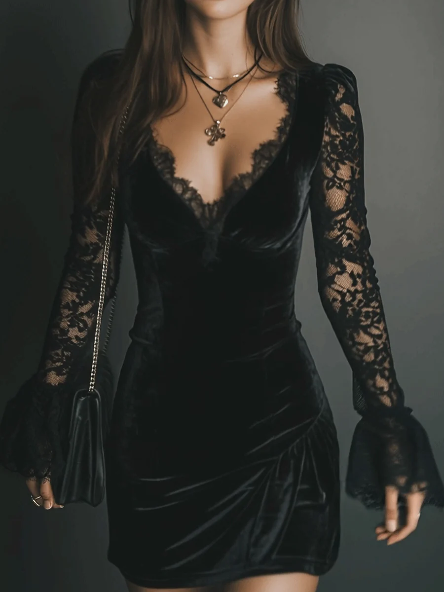 Lunori™ | Mini-robe en velours et dentelle Luna