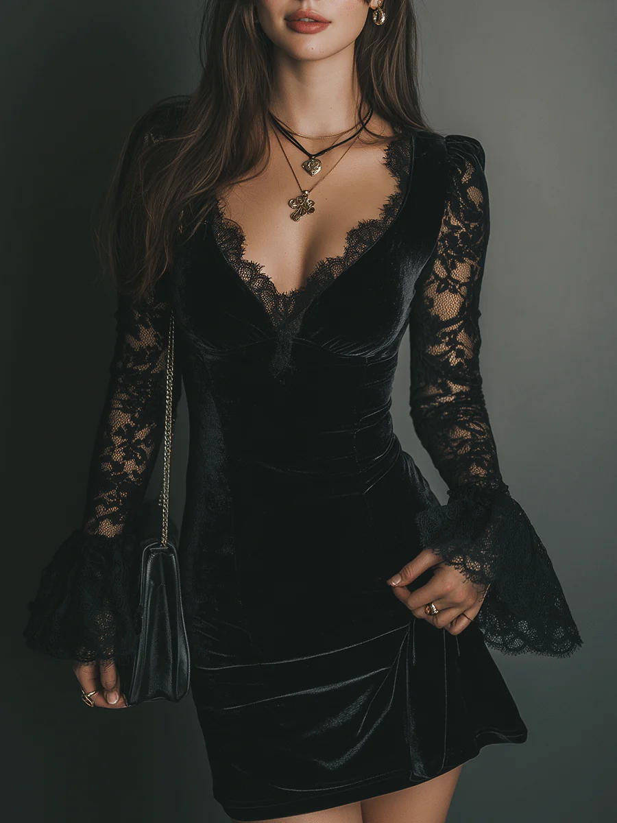 Lunori™ | Mini-robe en velours et dentelle Luna