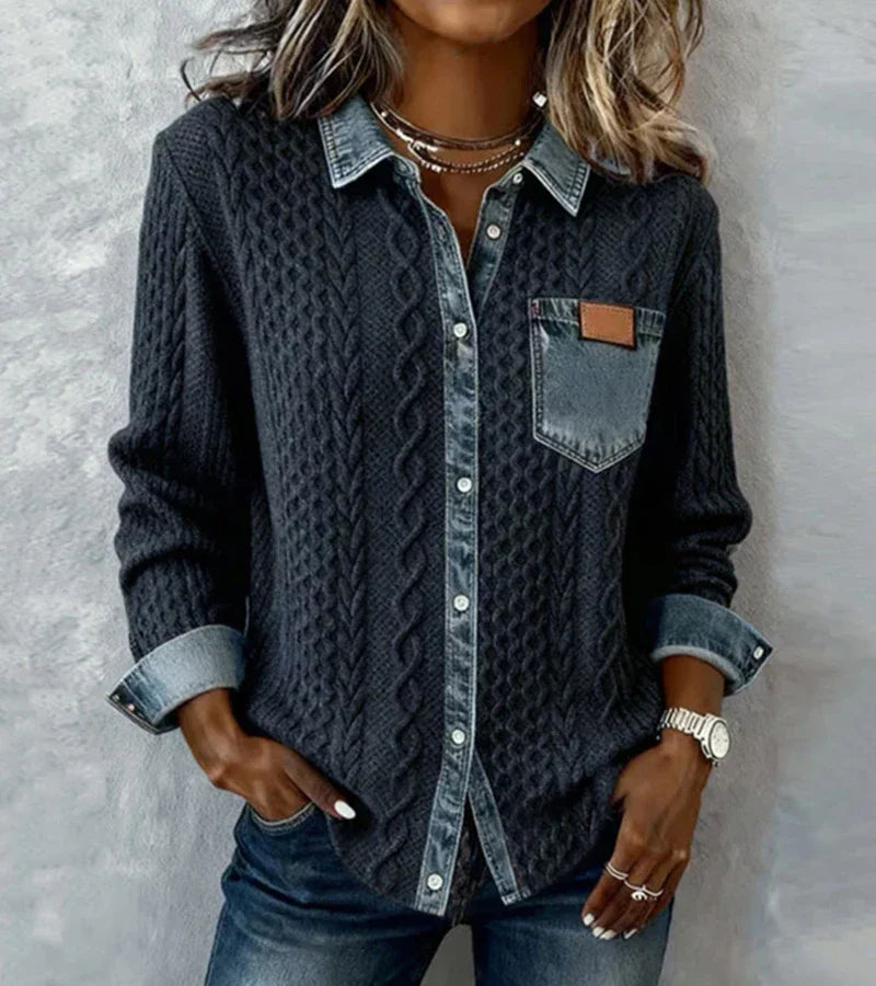Ambra | Top en maille patchwork avec détails en denim