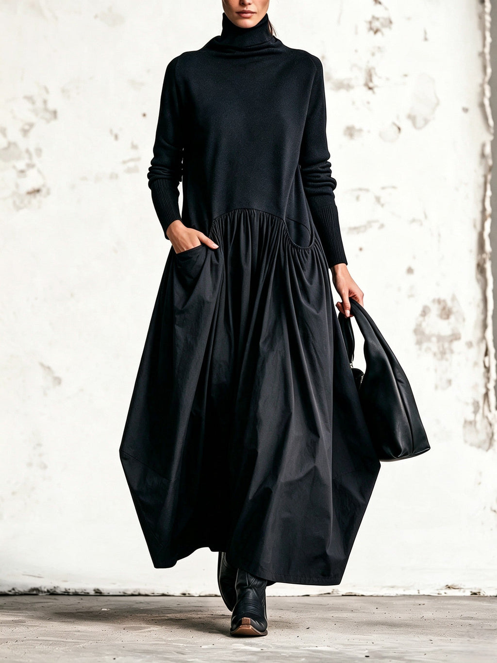 Robe longue noire oversize à col roulé et poches