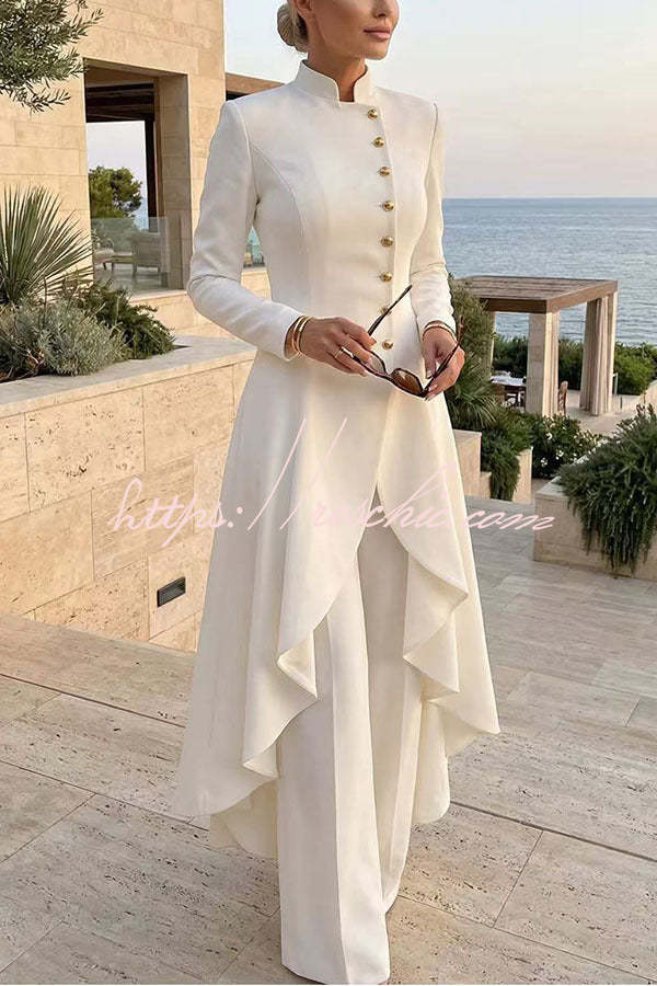 Jemma | Ensemble composé d’un haut à col roulé, manches longues et ourlet asymétrique avec boutons, et d’un pantalon à jambes larges