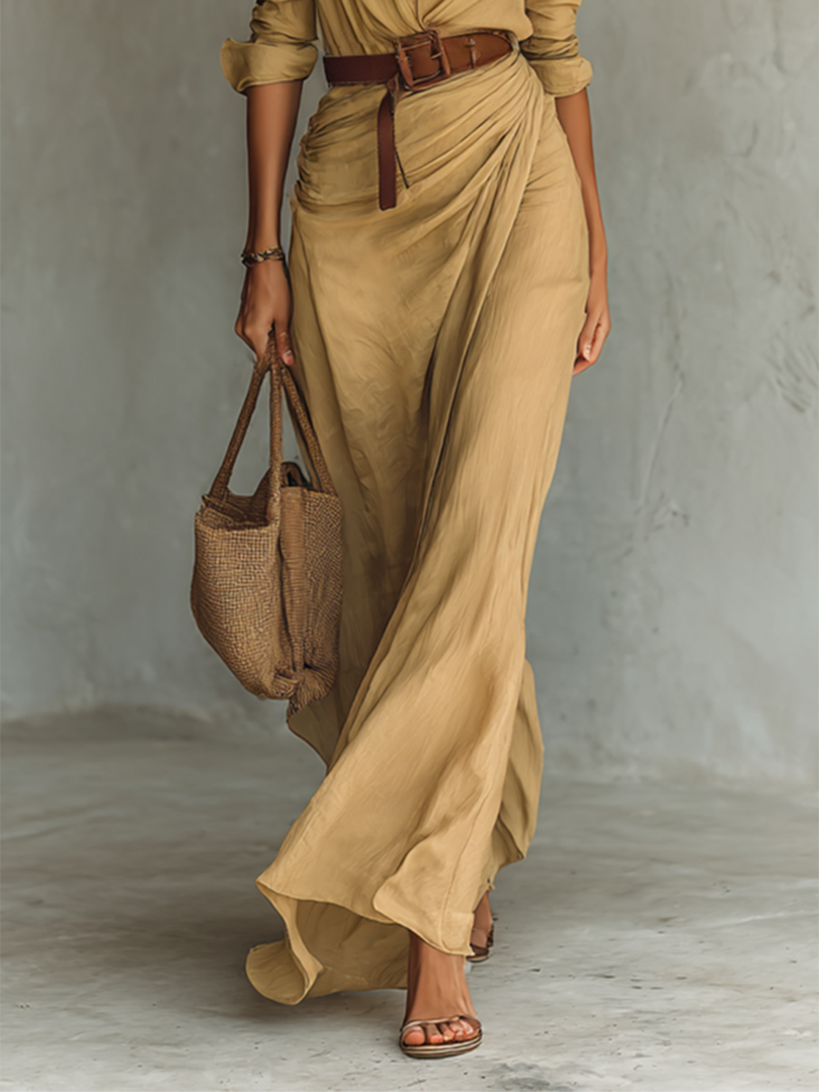 Robe longue maxi à col revers et manches longues pour femme