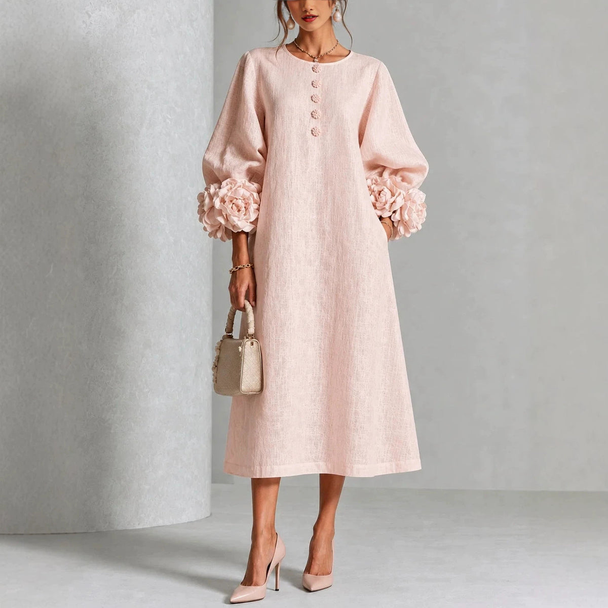 IVY - Vestido midi floral con mangas de rosa