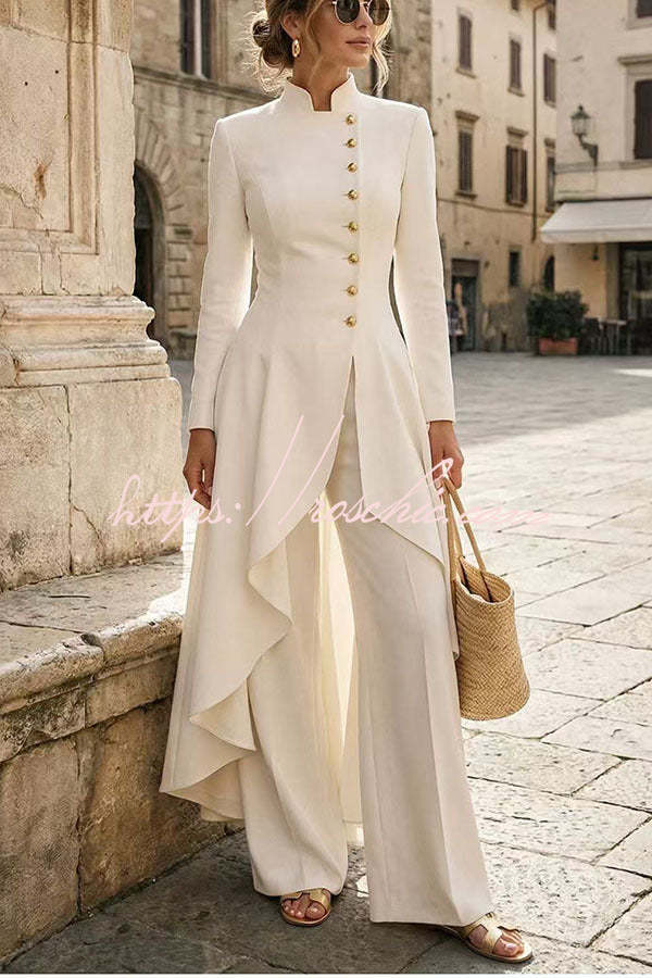 Jemma | Ensemble composé d’un haut à col roulé, manches longues et ourlet asymétrique avec boutons, et d’un pantalon à jambes larges