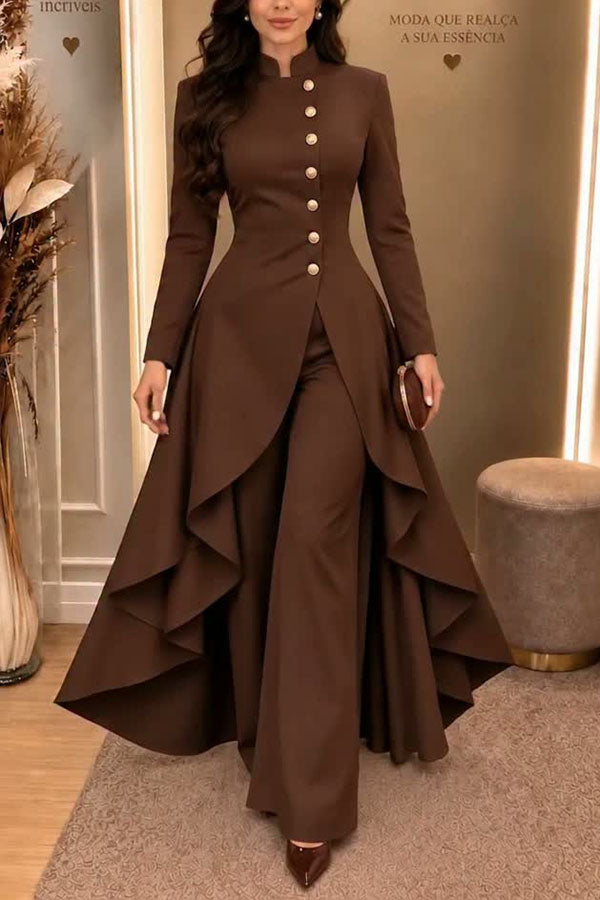 Jemma | Ensemble composé d’un haut à col roulé, manches longues et ourlet asymétrique avec boutons, et d’un pantalon à jambes larges