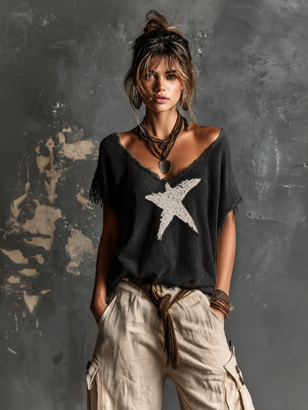 Pull blanc en maille à étoiles et col en V