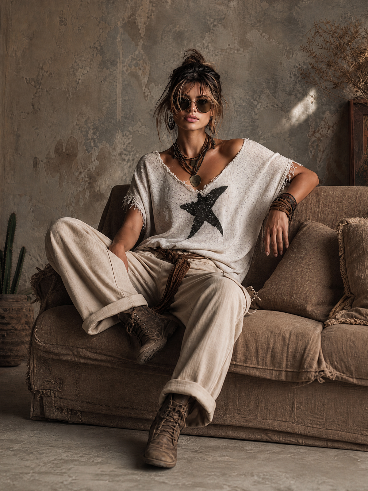 Pull blanc en maille à étoiles et col en V