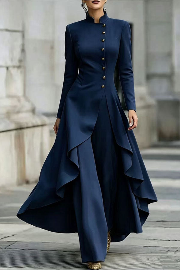 Jemma | Ensemble composé d’un haut à col roulé, manches longues et ourlet asymétrique avec boutons, et d’un pantalon à jambes larges