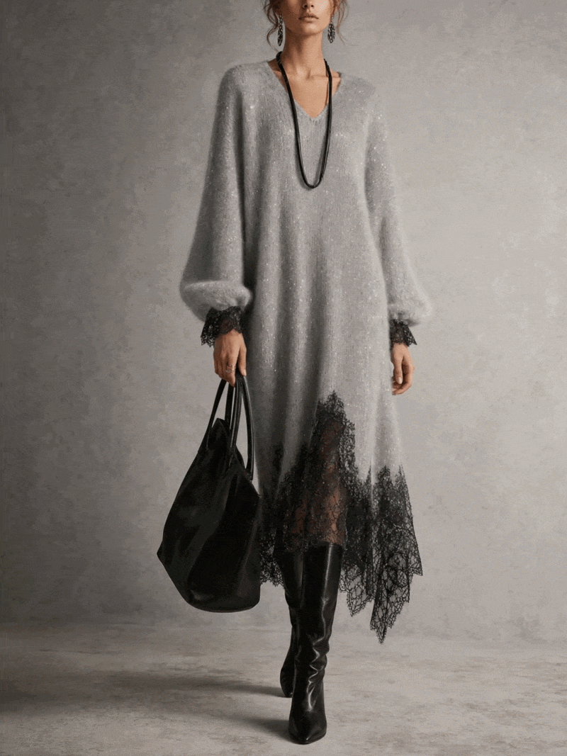 Robe midi grise en maille avec ourlet en dentelle