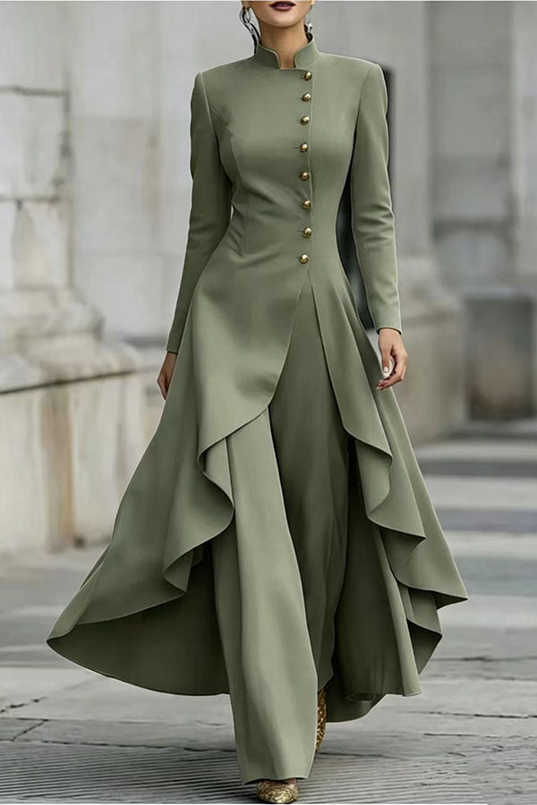 Jemma | Ensemble composé d’un haut à col roulé, manches longues et ourlet asymétrique avec boutons, et d’un pantalon à jambes larges