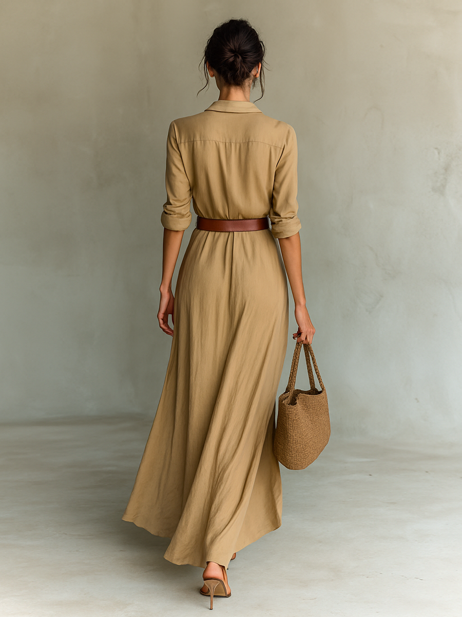 Robe longue maxi à col revers et manches longues pour femme