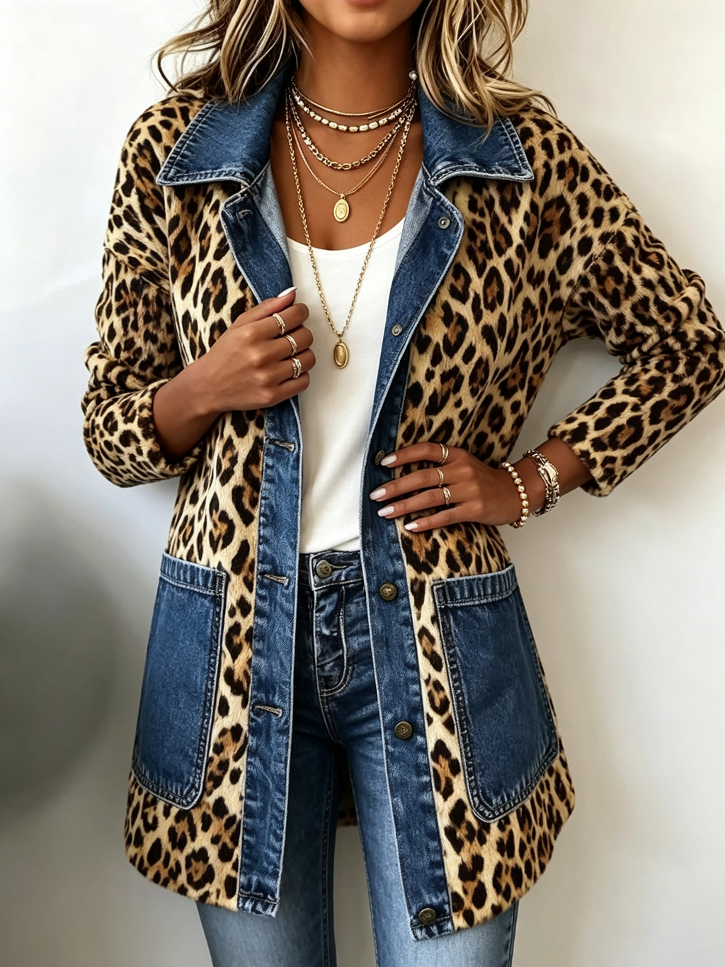 Lorena | Veste longue léopard avec denim