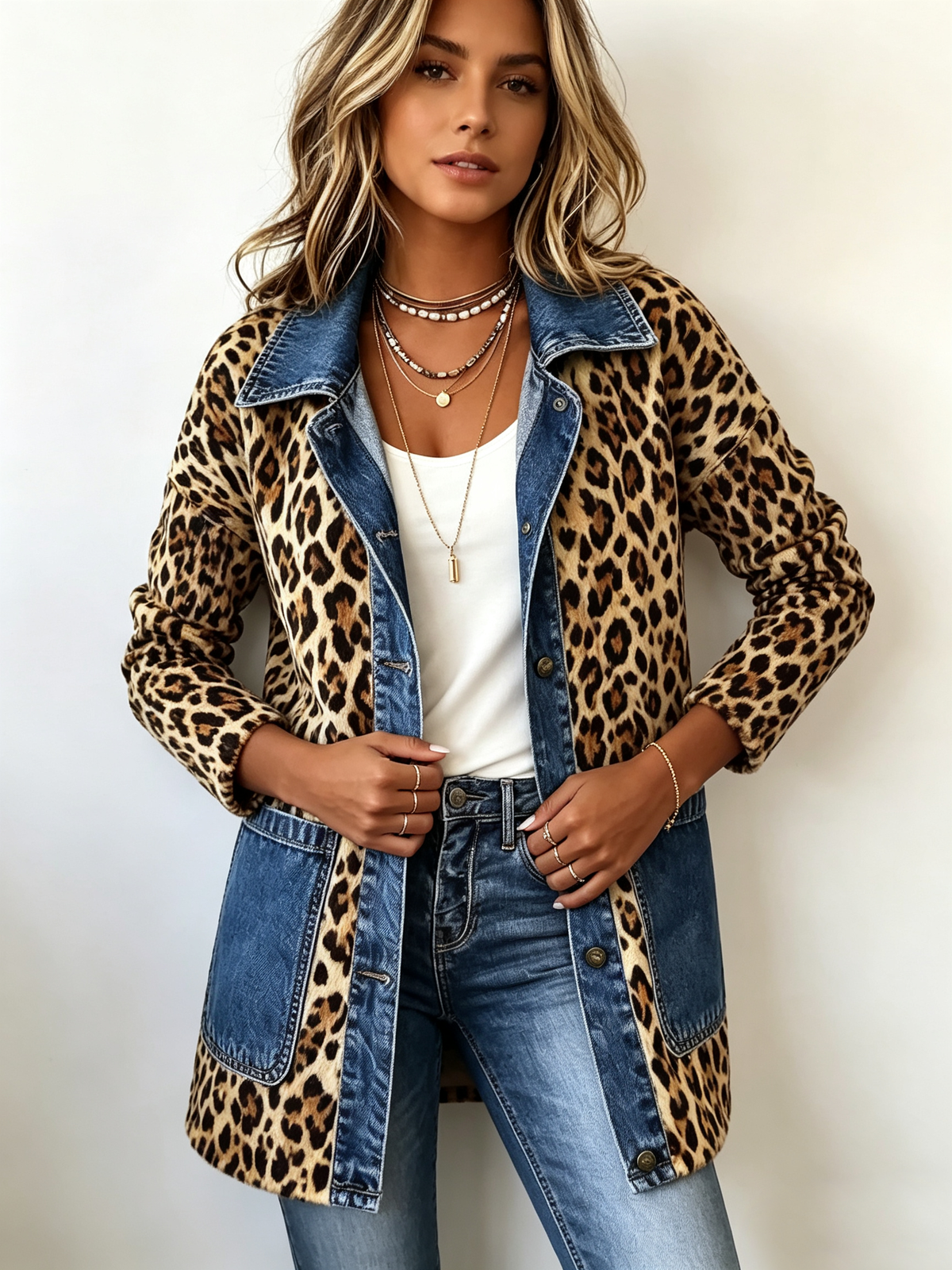 Lorena | Veste longue léopard avec denim