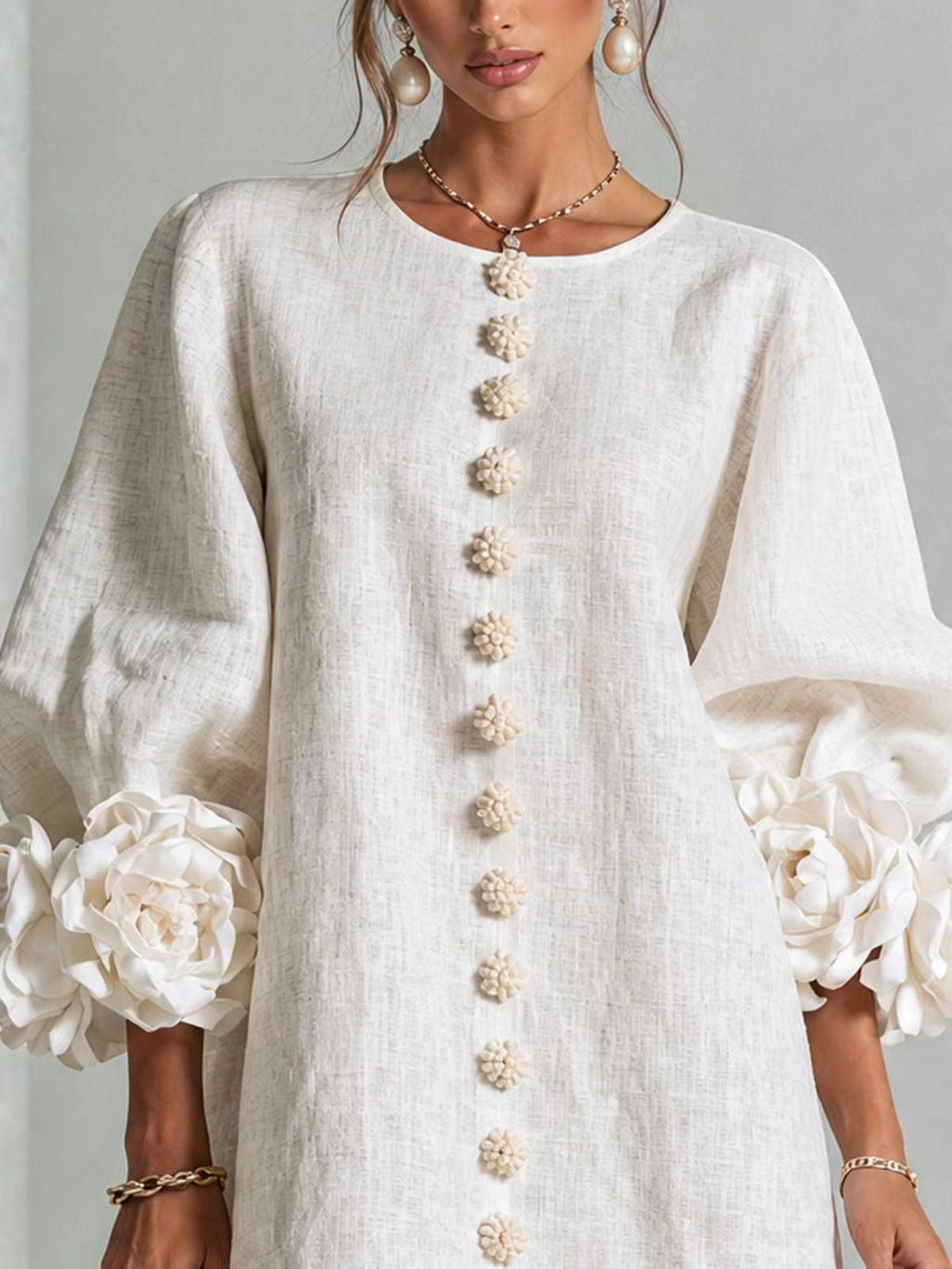 Robe à fleurs à manches ballon et col rond